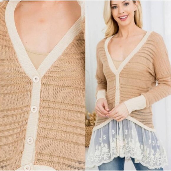 A'reve handmade crochet back lace ruffle cardigan tan cream - Picture 4 of 4